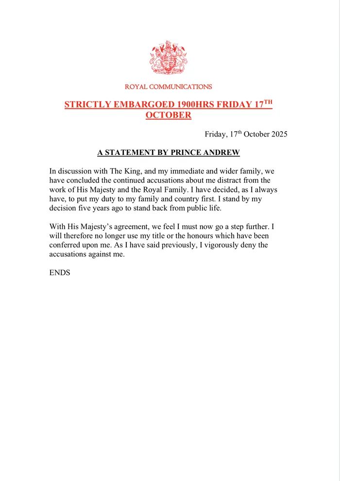 Comunicatul de presă în care Prințul Andrew afirmă că renunță la titlurile regale