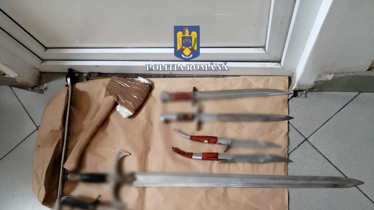 11 bărbați, reținuți, în Teleorman, după ce s-a descoperit la domiciliile lor un adevărat arsenal de arme albe