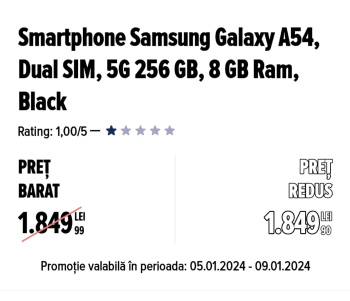 Reducere ireală în Carrefour România. Cu cât poți cumpăra un smartphone Samsung Galaxy A54, având prețul inițial de 1.849,99 lei