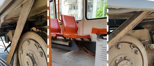 Imagini cu „Tramvaiul Groazei” care a fost străpuns de o șină și a rănit un călător. „Nu mai sunt electrozi de sudat liniile de o lună”