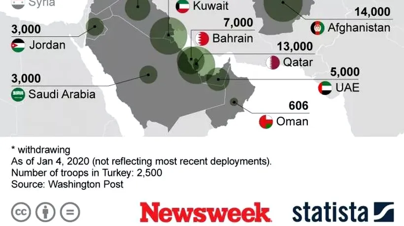 HARTA bazelor militare americane din Orientul Mijlociu. Zeci de mii de militari ai SUA sunt staționați în apropiere de Irak