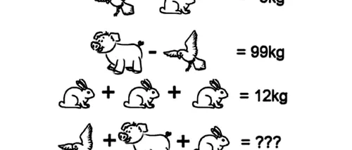 Test de inteligență | Rezolvați ecuația: Câte kilograme au vrabia, purcelul și iepurele, în total?
