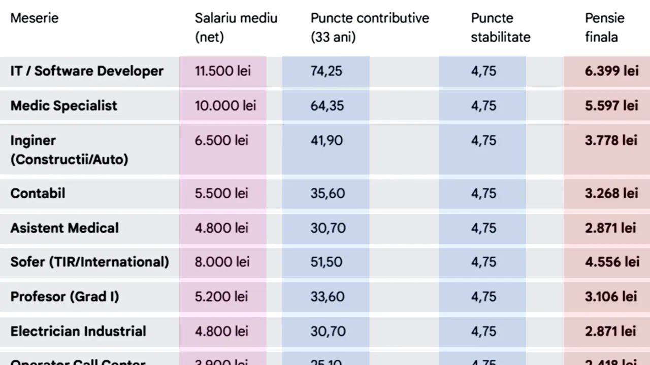 Am făcut calculul. Ce pensie vei primi în funcție de meseria ta, daca ai muncit 33 de ani cu carte de muncă