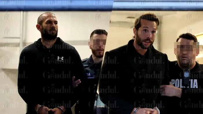 Frații Andrew și Tristan Tate, la ieșire din sediul DIICOT / Sursa foto: captură video GANDUL
