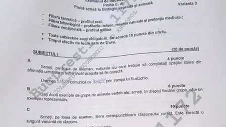 BAC 2012 SESIUNEA TOAMNĂ. SUBIECTE BIOLOGIE, sesiunea august-septembrie 2011