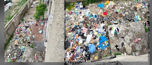 VIDEO | Locatarii unui bloc din Bacău aruncă gunoiul direct pe geam. Resturi menajere, bucăţi de mobilier sau chiar moloz „zboară” în faţa blocului