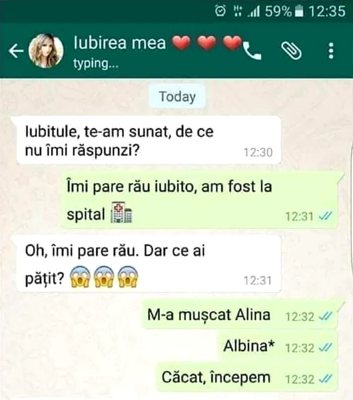 Bancul de duminica | „Iubitule, te-am sunat. De ce nu îmi răspunzi?”. „M-a mușcat Alina”