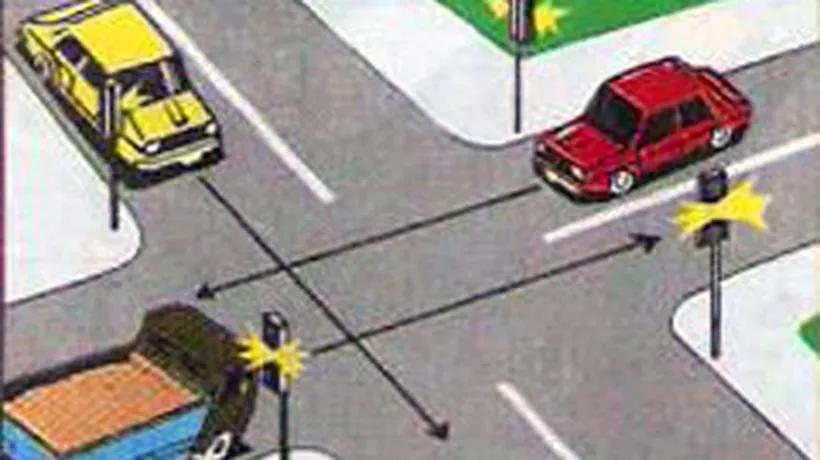 Chestionare auto. Care dintre vehicule va trece primul prin intersecție, dacă semnalul galben funcționează intermitent?