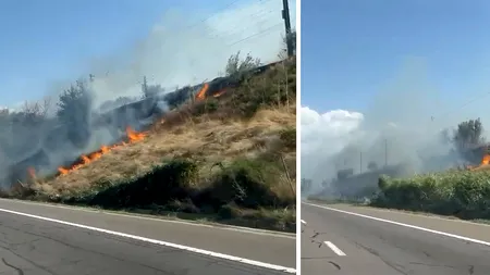 UPDATE | Circulația feroviară BLOCATĂ TOTAL pe Ruta București-Constanța din cauza a două incendii de vegetație. Pe A2 se circulă cu dificultate