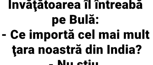 BANC | Învățătoarea îl întreabă pe Bulă: „Ce importă cel mai mult țara noastră din India?