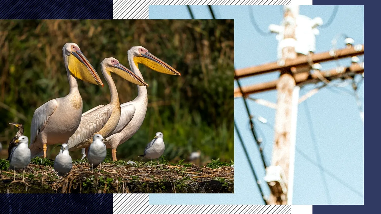PELICANI PRĂJIȚI în Deltă. Stâlpii de curent din Biosferă vor fi izolați ca să nu mai electrocuteze păsăretul