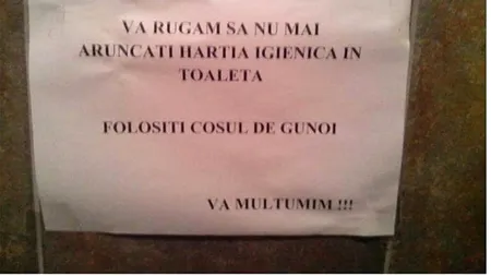 BANCUL ZILEI | „Vă rugăm să nu mai aruncați hârtia igienică în toaletă”