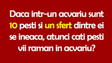 Test IQ | Dacă într-un acvariu sunt 10 pești și un sfert dintre ei se îneacă, atunci câți pești vii rămân în acvariu?
