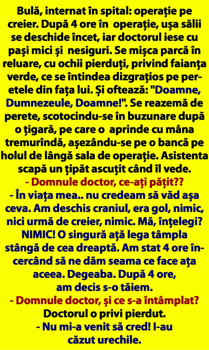 BANCUL ZILEI | Bulă, internat în spital: operație pe creier. După 4 ore în operație, ușa sălii se deschide încet, iar doctorul iese cu pași mici și nesiguri