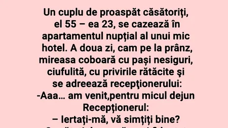 Bancul de duminică | Un cuplu de proaspăt căsătoriți - el 55, ea 23 de ani - se cazează în hotel