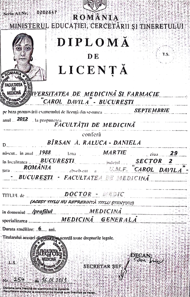Diploma falsificată a Ralucăi Bîrsan