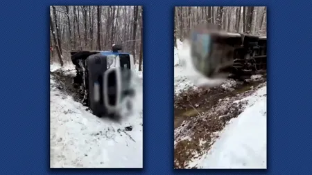 Un microbuz cu pasageri s-a răsturnat în Dâmbovița. Șoferul a fost amendat pentru starea anvelopelor