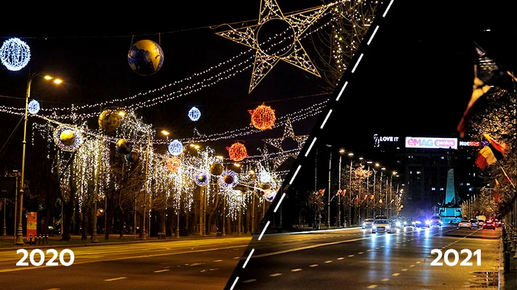 GALERIE FOTO | Dacă în 2020 aveam un oraș împodobit, anul acesta a dispărut atmosfera de sărbătoare. Luminițele din București din acest an, în comparație cu anul trecut