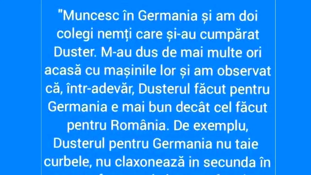 Bancul de vineri | De ce DUSTERUL făcut pentru Germania e mai bun decât cel făcut pentru România