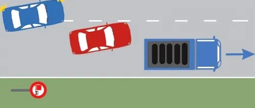 Teste auto: Conducătorul autoturismului roșu s-a angajat corect în depășirea autocamionului?