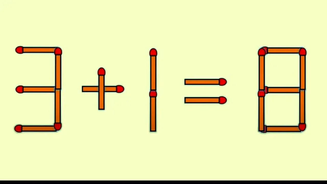 TEST IQ | Mutați un singur băț de chibrit, pentru a corecta ecuația: 3 + 1 = 8