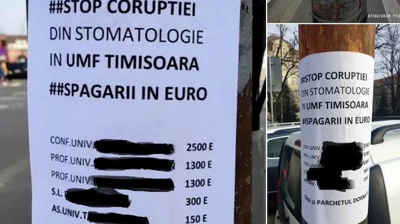 O femeie a lipit AFIȘE pe stâlpii de lângă Universitatea de Medicină și Farmacie din Timișoara, prin care denunţă corupția de la Facultatea de Stomatologie