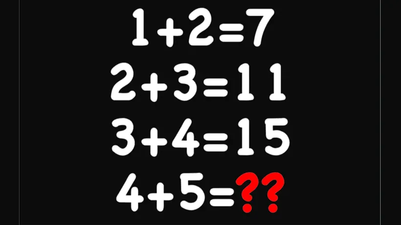 Test IQ pentru matematicieni | Cât fac 4+5, dacă 1+2=17, 2+3=11 și 3+4=15?
