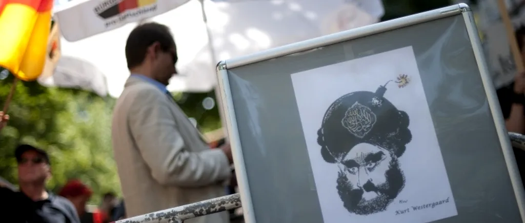 Caricatură cu Mahomed, afișată în fața unei moschei din Berlin