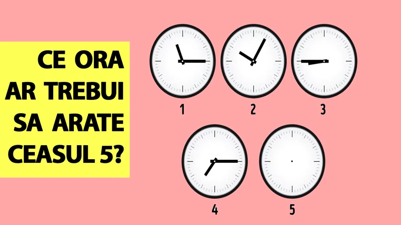 Test IQ exclusiv pentru genii | Ce oră indică al cincilea ceas din imagine?
