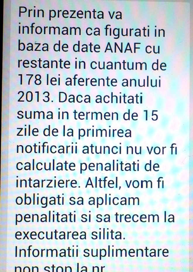 angle Counterpart worker SMS-ul primit de mai multe persoane din București și Brașov. "Figurați în  baza de date ANAF cu restanțe". Avertismentul Fiscului