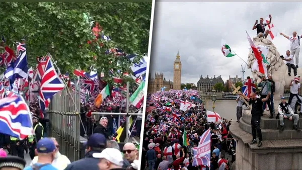 Tensiuni la Londra: Zeci de mii de naționaliști cu steagurile Uniunii și activiștii pro-Palestina protestează separat. Poliția a intervenit în forță