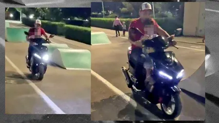 Imagini REVOLTĂTOARE filmate în Parcul Tunari. Un copil este plimbat pe un scuter neînmatriculat, fără cască