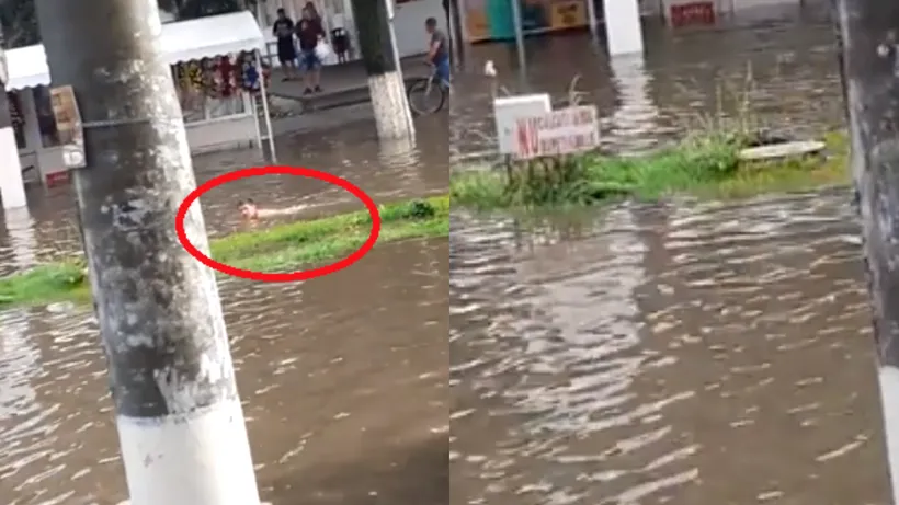 INUNDAȚII. Slobozia, o imensă piscină. Un bărbat a fost filmat în timp ce înota pe stradă | VIDEO