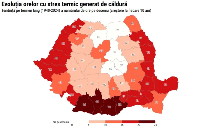 Harta evoluției pe termen lung a orelor cu stres termic în România