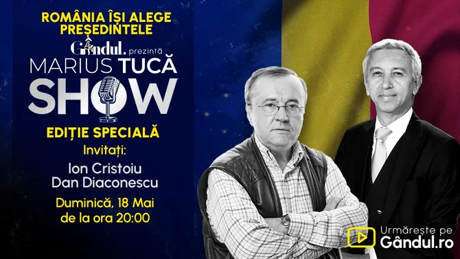 Gândul prezintă Marius Tucă Show – Ediție Specială, duminică, 18 mai, de la ora 20.00, live pe Gândul. România își alege președintele!