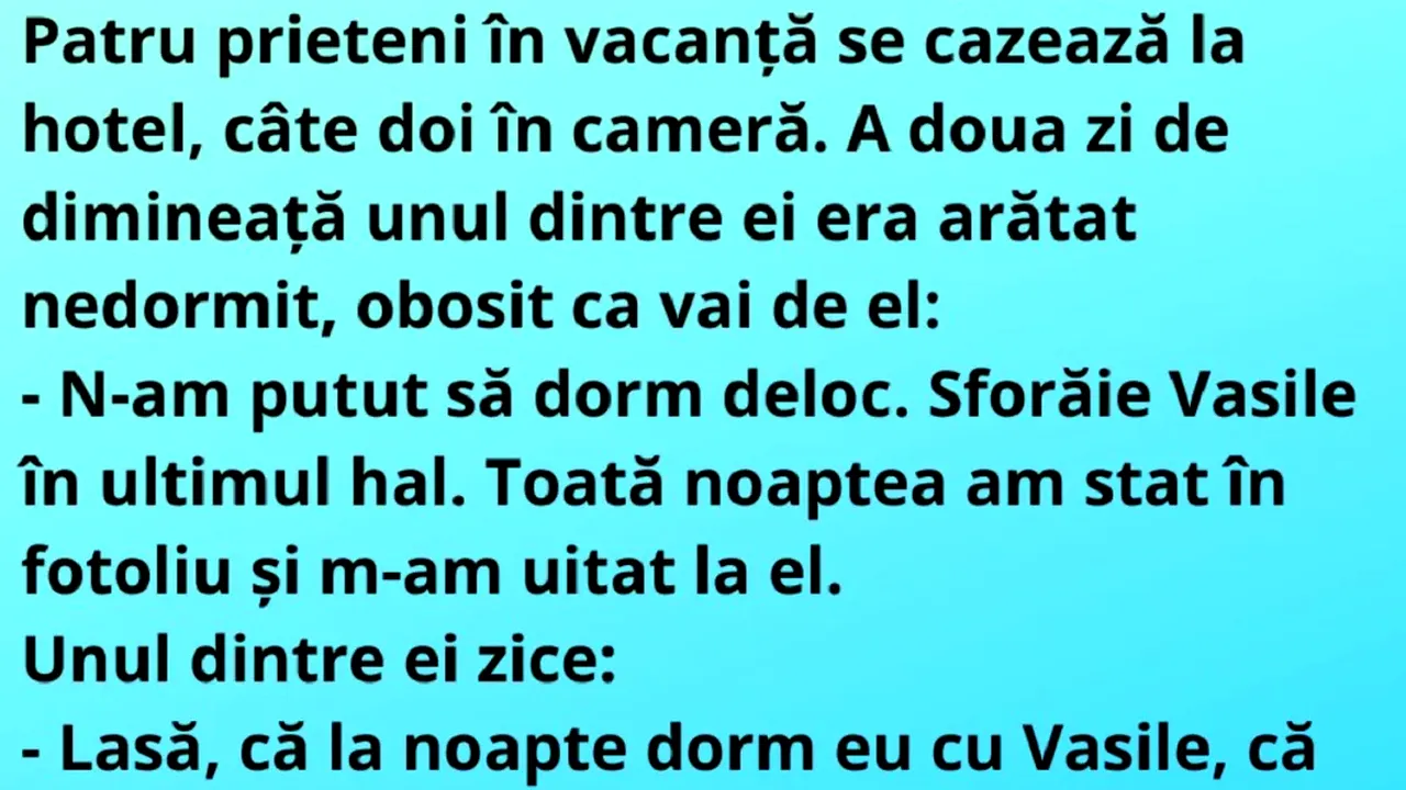 BANCUL de vineri | Patru prieteni se cazează la hotel, câte doi în cameră