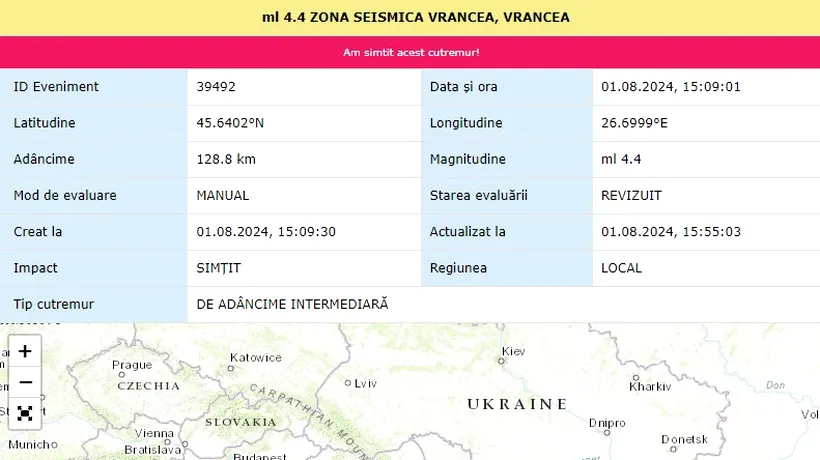 CUTREMUR în Vrancea. Seismul de 4,4 grade a avut loc joi, la ora 15:08:58