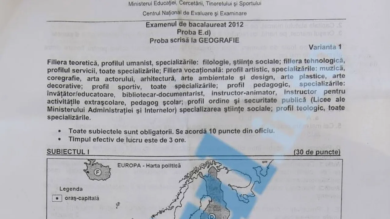 BAC 2012 SESIUNEA TOAMNĂ. SUBIECTE GEOGRAFIE, sesiunea iunie-iulie 2012