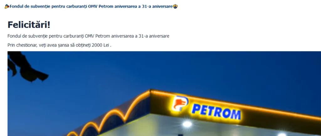Escrocheria Petrom ia amploare în România: Prin chestionar, veți avea șansa să obțineți 2.000 de lei