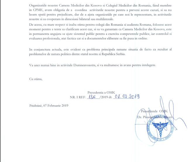 Scrisoarea dr.Pleurat Ejdiu, președintele Camerei Medicilor din Kosovo