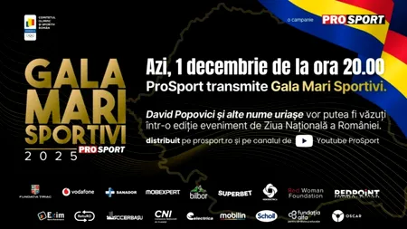 Prosport transmite Gala Mari Sportivi, de la ora 20:00. David Popovici și alte nume mari într-o ediție eveniment de 1 Decembrie