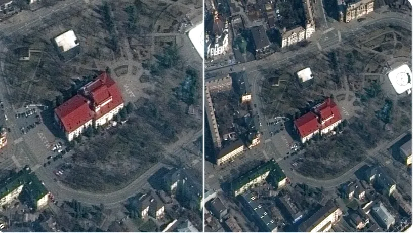 Imagini din satelit: Cuvântul „copii”, scris în dreptul teatrului din Mariupol care adăpostea civili, bombardat miercuri
