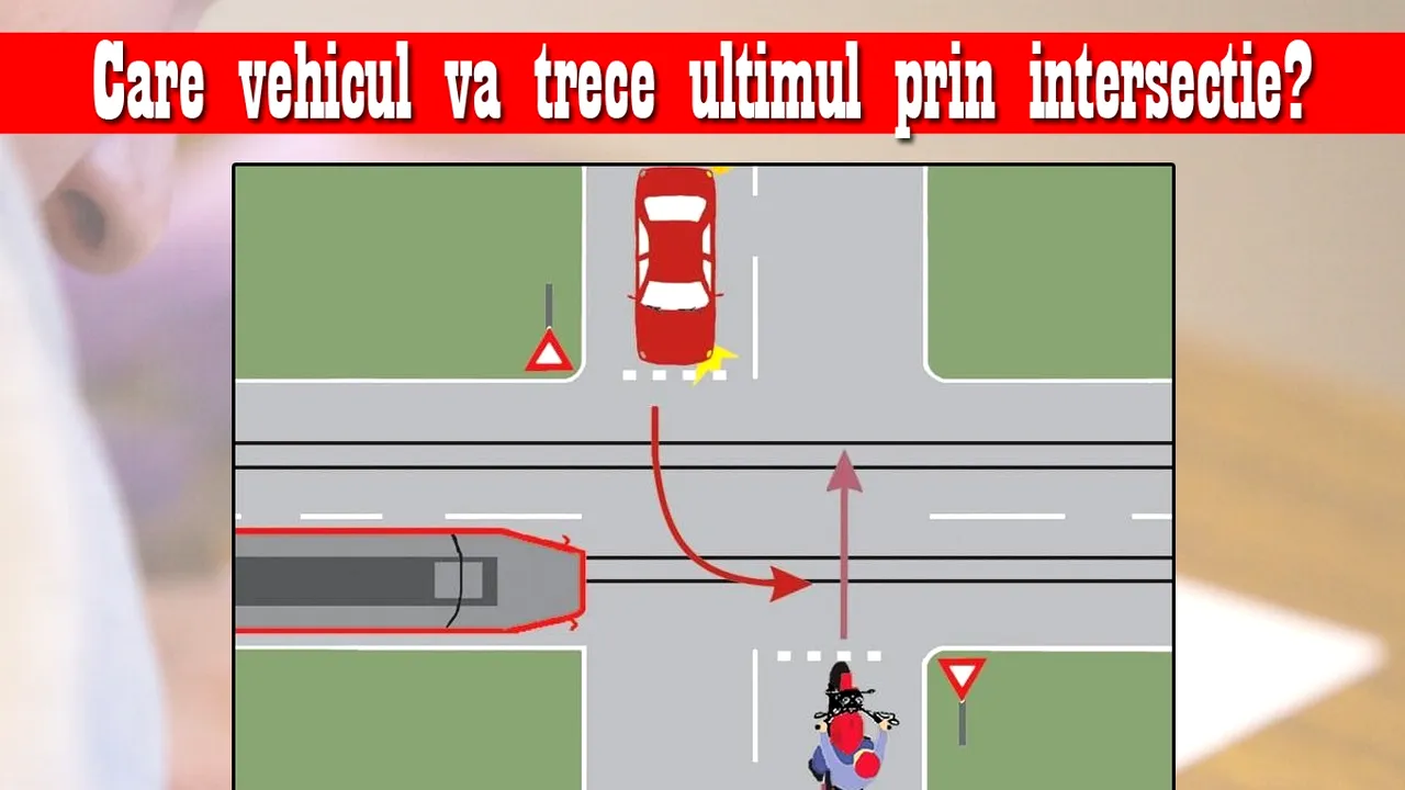 Test auto doar pentru șoferii cu experiență | Ce vehicul trece ultimul prin intersecție: motocicleta, autoturismul sau tramvaiul?