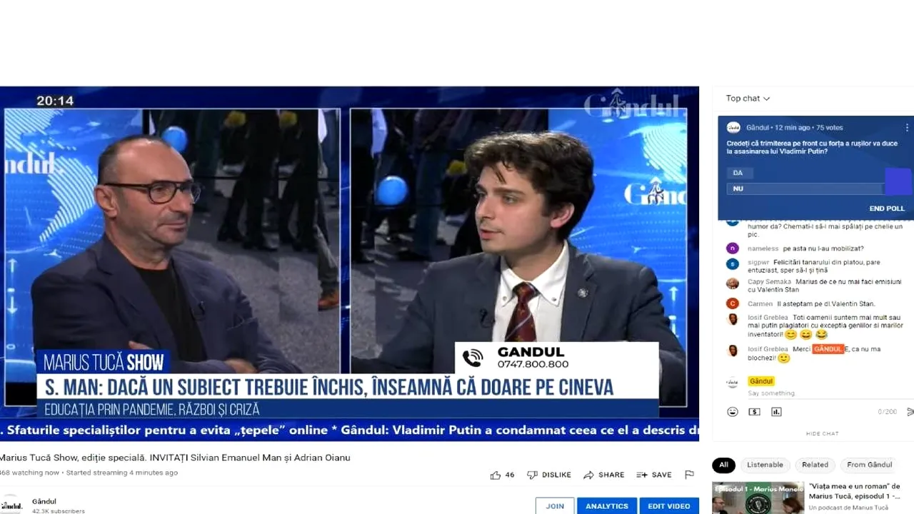 Poll Marius Tucă Show: „Credeți că trimiterea pe front cu forța a rușilor va duce la asasinarea lui Vladimir Putin?”. Peste 80% dintre români au răspuns că...