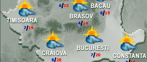 VREMEA. VREME instabilă și precipitații. PROGNOZA METEO pentru luni și marți, în București și în țară