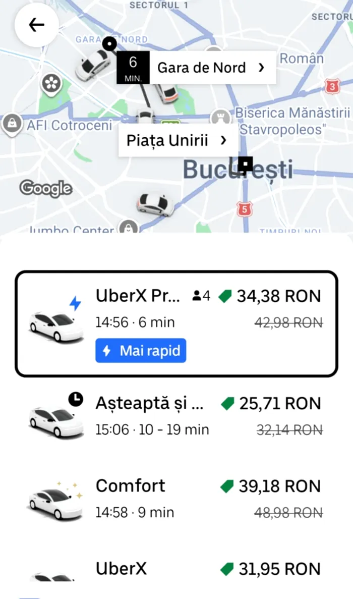 Cât a plătit un bucureștean ieri, pe cod roșu de ninsori, pentru o cursă Uber de la Gara de Nord, până la Piața Unirii