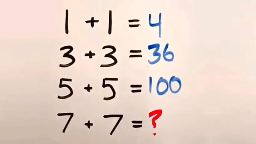 TEST de inteligență | Cât face 7+7, daca 1+1=4, 3+3=36 și 5+5=100?
