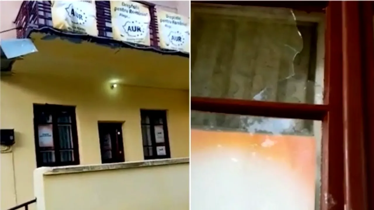 Sediul AUR din localitatea Bocșa, vandalizat cu puțin timp înainte ca George Simion să ajungă acolo