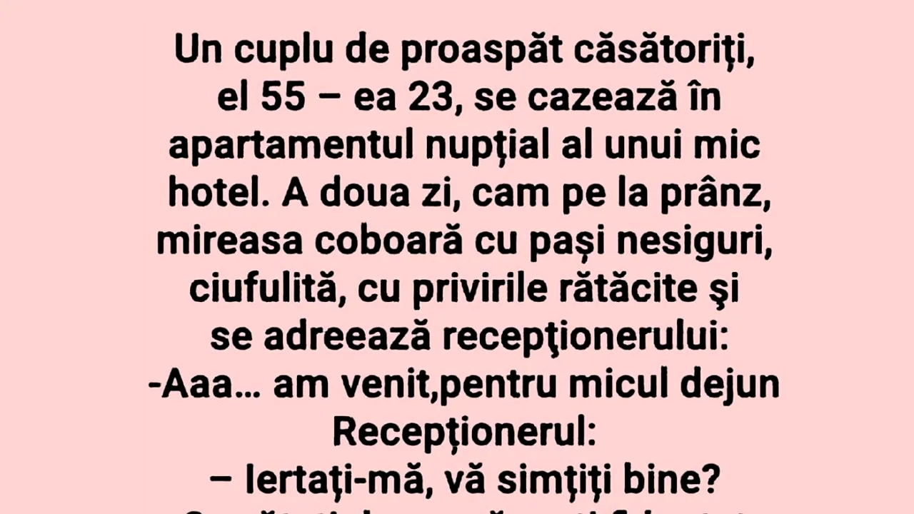 Bancul de duminică | Un cuplu de proaspăt căsătoriți - el 55, ea 23 de ani - se cazează în hotel