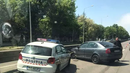 INCIDENT. Mașină a Poliției Rutiere, făcută praf, de un șofer, în timpul unei acțiuni de verificare a declarațiilor pe propria răspundere!